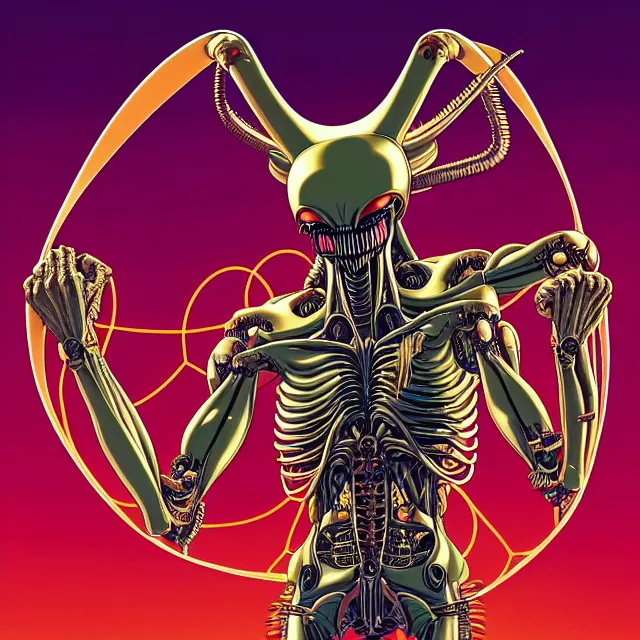 Prompt: full profile of evangelion xenomorph as circular vitruvian man by james jean and moebius, biomechanical, ultra wide angle, full body, no crop, golden ratio, ultra details, in the style of shusei nagaoka