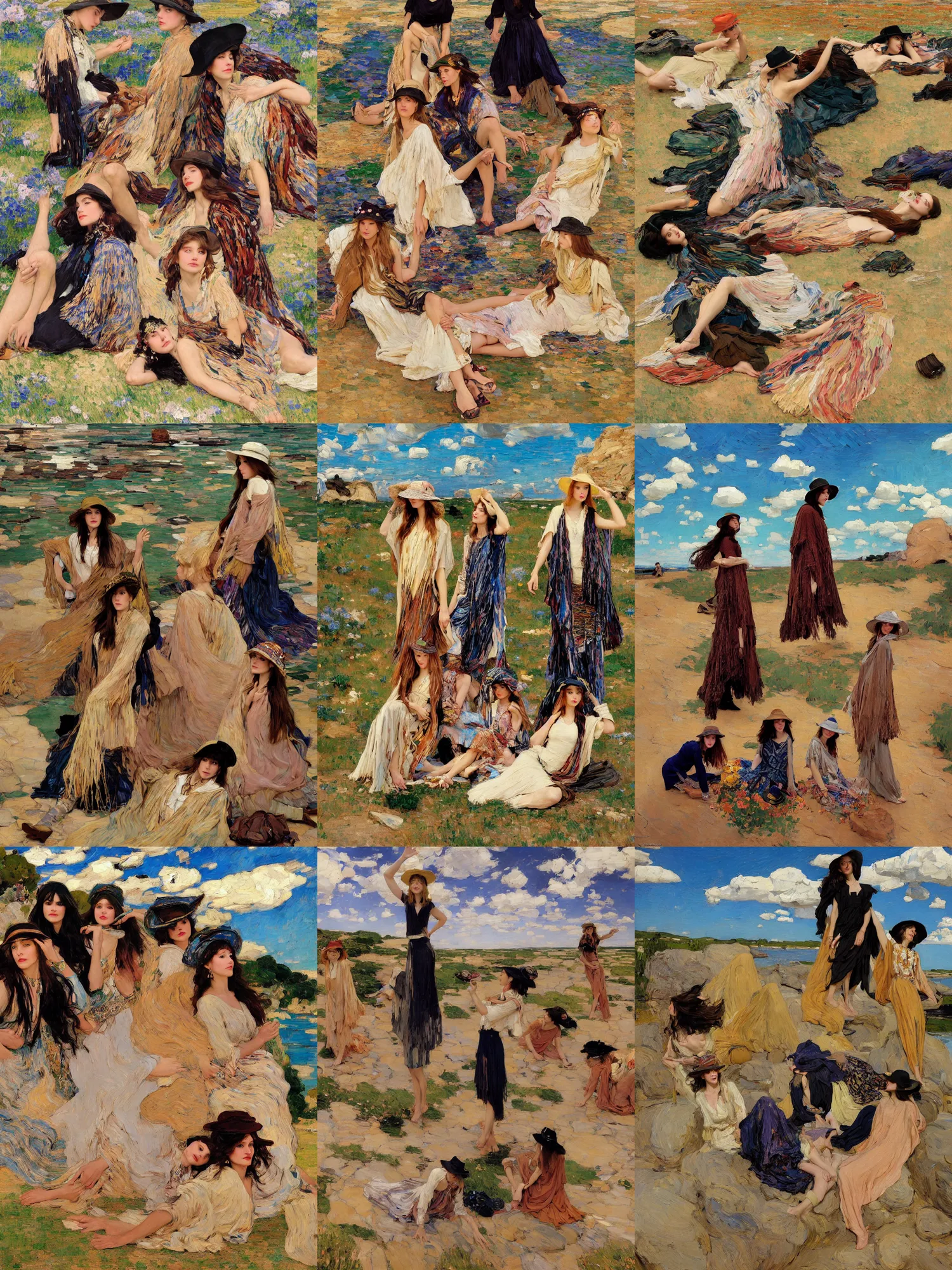 Prompt: portrait of group of fashionable young womans wearing rich jewerly hat and boho poncho, lying pose on stones, dynamic poses, Low poly, thunder clouds in the sky, artwork by Joaquin Sorolla and john william waterhouse and Denis Sarazhin and klimt and rhads and van gogh and Dean Ellis and Detmold Charles Maurice, levitation, industrial rusty pipes, simple form, brutal shapes