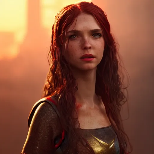 Image similar to a very beautiful 3d scarlet witch, long hair, hazel eyes, cute freckles, full round face, short smile, golden hour, post apocalyptic setting, medium shot, mid-shot, highly detailed, trending on Artstation, Unreal Engine 4k