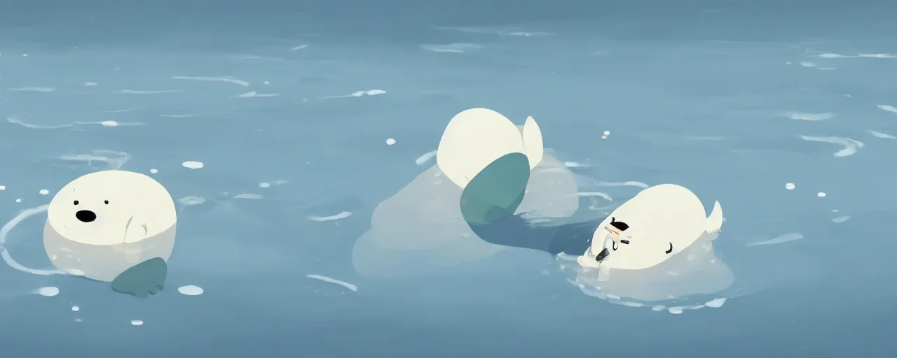 Prompt: a baby harp seal swimming in a tropical river, atey ghailan, goro fujita, studio ghibli, rim light, bright lighting, clear focus, very coherent