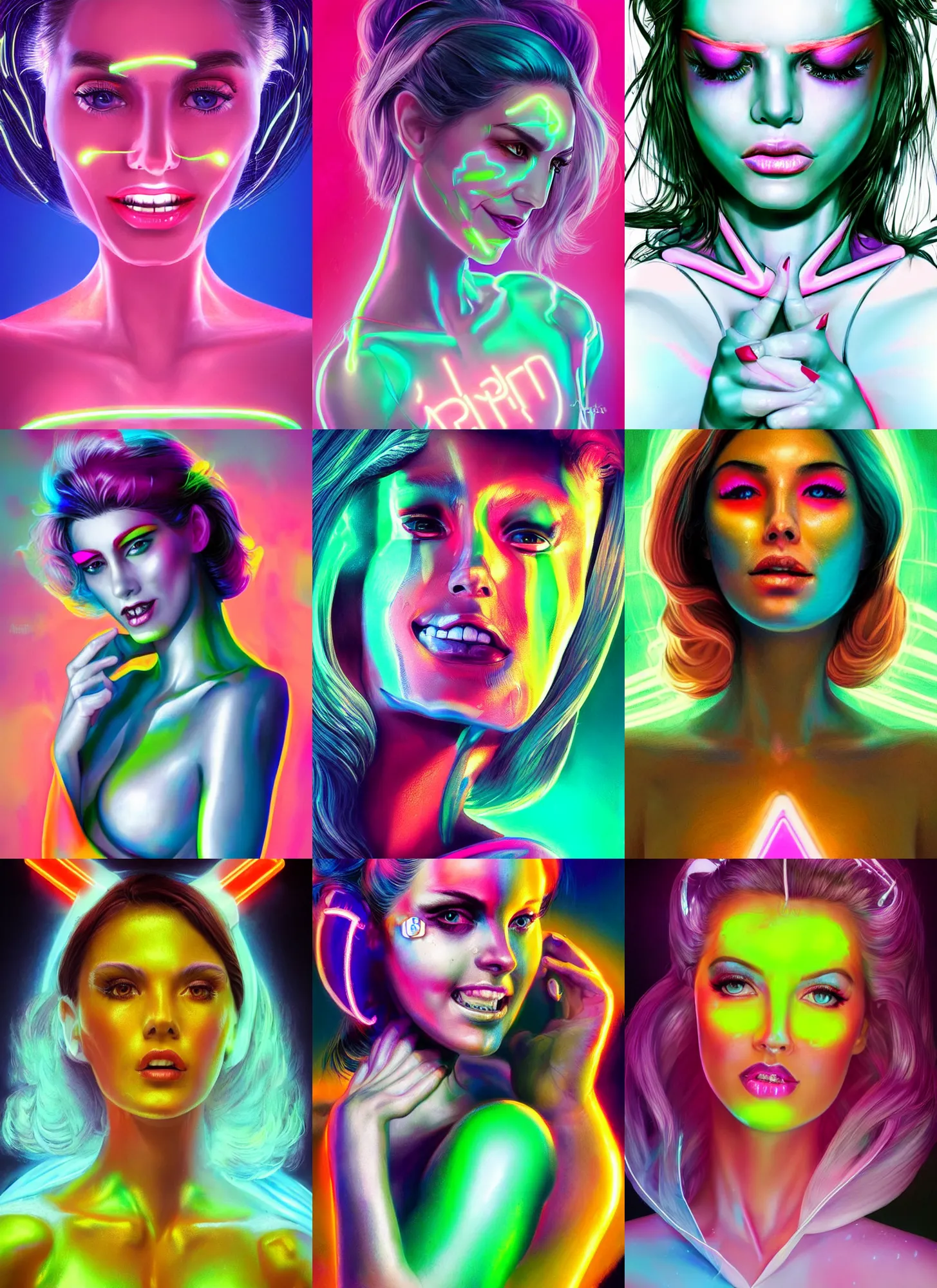 Prompt: breathtaking android woman portrait with neon make - up, dressed in an white silk, 8 0 s neon look, wet skin, smiling, cute nose, retro, beautiful lights, vintage look, hyper realistic, illustration, airbrush, 8 k, intricate, duo tone, art by david la chapelle and philip castle, artgerm
