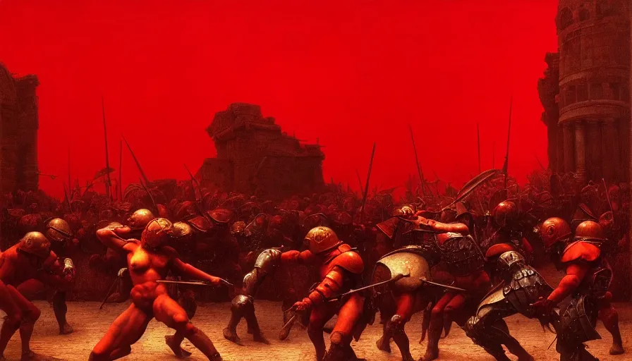 Image similar to only with red, a lightly armored gladiator in a crowded roman amphitheatre, crowd cheering, in the style of beksinski and edward hopper and rodcenko and yue minjun and cory loftis, intricate and epic composition, red by caravaggio, highly detailed, masterpiece, red light, artstation, art nouveau