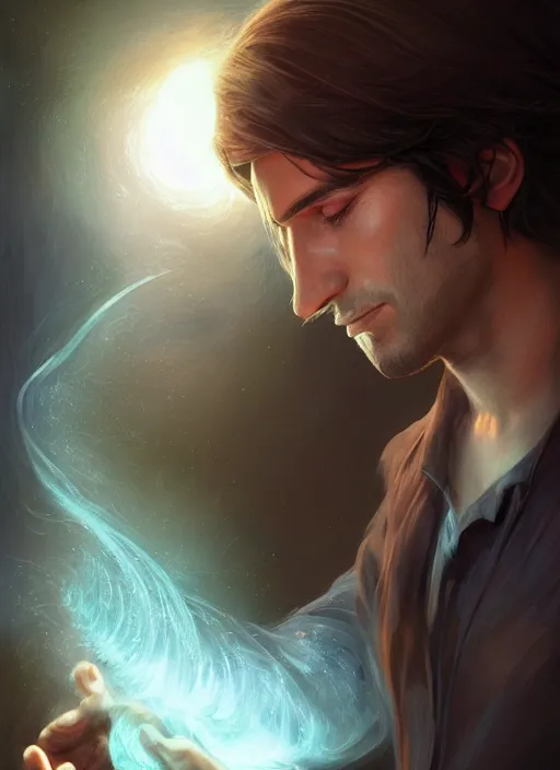 Prompt: side profile of a man with long black hair in brown rags holding a magical orb, fantasy, digital painting, volumetric light, intricate, sharp, focus, bloom, illustration, highly detailed, concept art, matte, art by anna dittmann and ilya kuvshinov and greg rutkowski, masterpiece