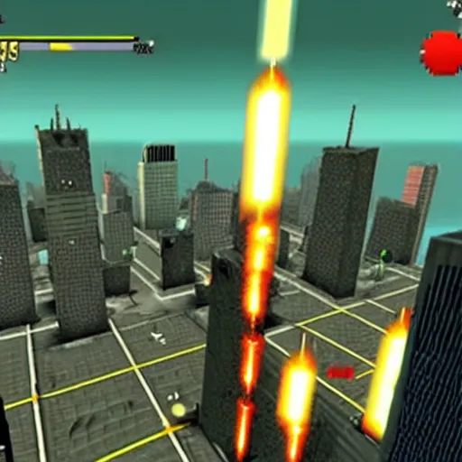 Prompt: a screenshot from the video game super 9 / 1 1, in which players control planes and intend to hit as many towers as possible