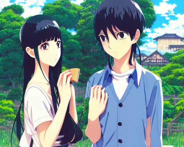 Image similar to beautiful anime girl with long black hair and bangs, beautiful anime guy with short black hair, wearing black clothes, siblings, fine details portrait, japense village in background, bokeh. anime masterpiece by Studio Ghibli. illustration, sharp high-quality anime illustration in style of Ghibli, Ilya Kuvshinov, Artgerm