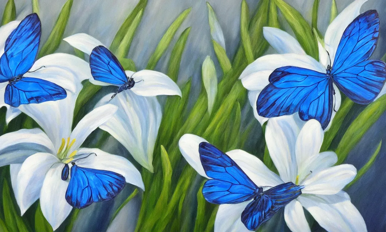 Prompt: an oil painting on canvas of a blue butterfly on white lily