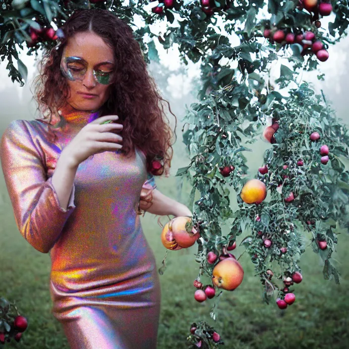 Prompt: a closeup portrait of a woman wearing a dress made of iridescent holographic vinyl, picking pomegranates from a tree in an orchard, foggy, moody, photograph, by vincent desiderio, canon eos c 3 0 0, ƒ 1. 8, 3 5 mm, 8 k, medium - format print