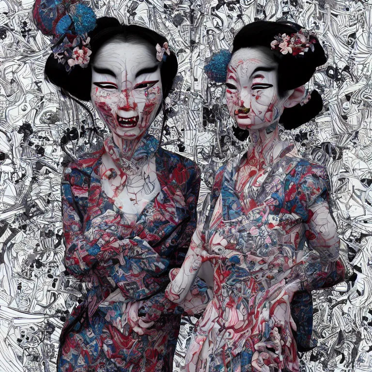 Image similar to disconfigured geisha, dark art by james jean, conjuring psychedelic part by shintaro kago, part by ross tran, part by ariduka 5 5, ultra realistic, high definition, 3 d render, masterpiece