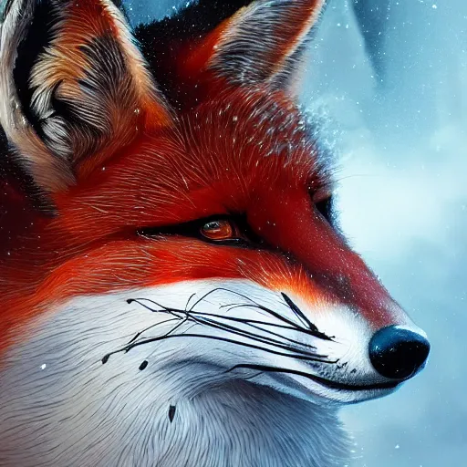 Image similar to a furious fox wizard, snowy background, oil on canvas, intricate, portrait, 8k highly professionally detailed, HDR, wizard hat, CGsociety