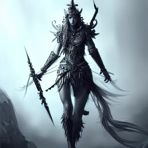 Image similar to beautiful extremely detailed intricate concept art depicting a warrior by wlop. shining jewelry. grey atmosphere. particles in the background. bcy. net