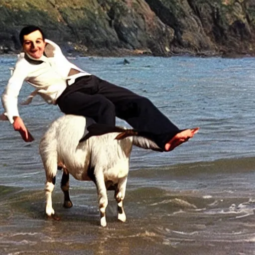 Image similar to Mr bean surfing on a goat