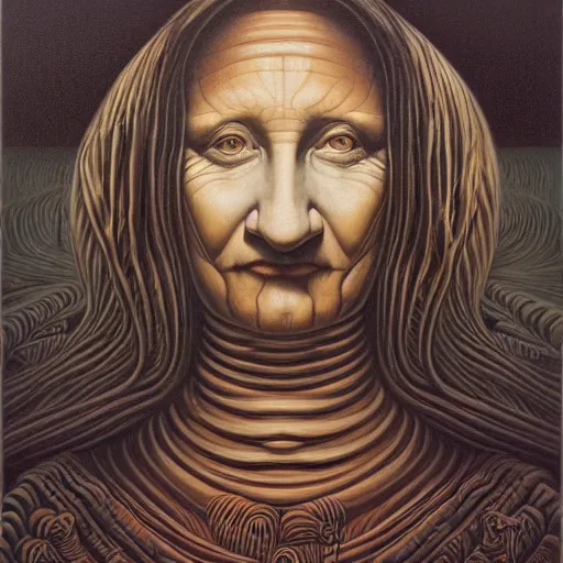 Image similar to monalisa by jacek yerka, alex gray, zdzisław beksiński, dariusz zawadzki, jeffrey smith and h.r. giger, oil on canvas, 8k highly professionally detailed, trending on artstation