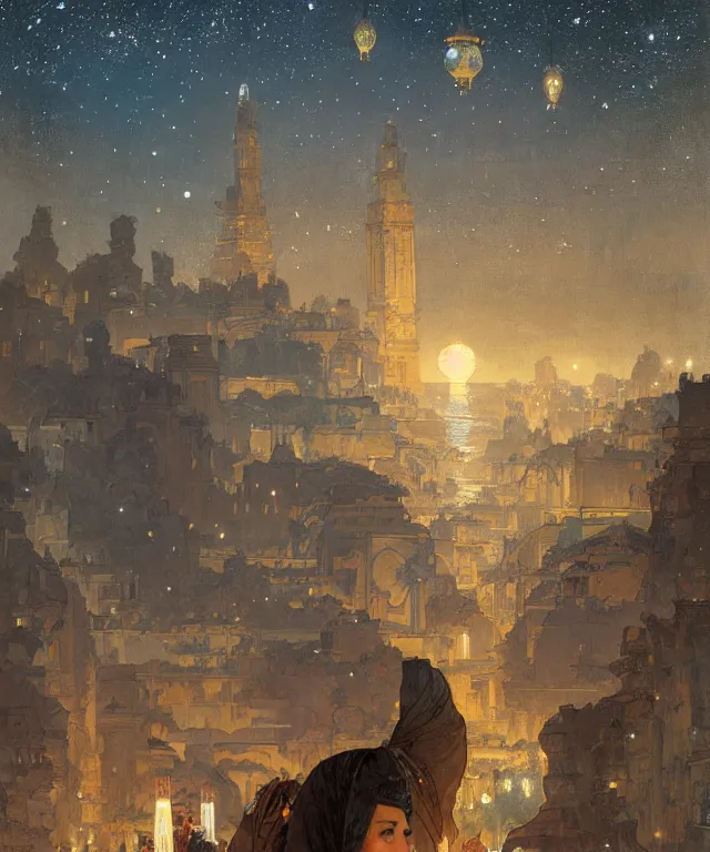 Image similar to a beautiful painting of the view from the river of the lantern festival in a an ancient egyptian city, at night with a sky full of stars, intricate, elegant, highly detailed, digital painting, artstation, concept art, by krenz cushart and artem demura and alphonse mucha