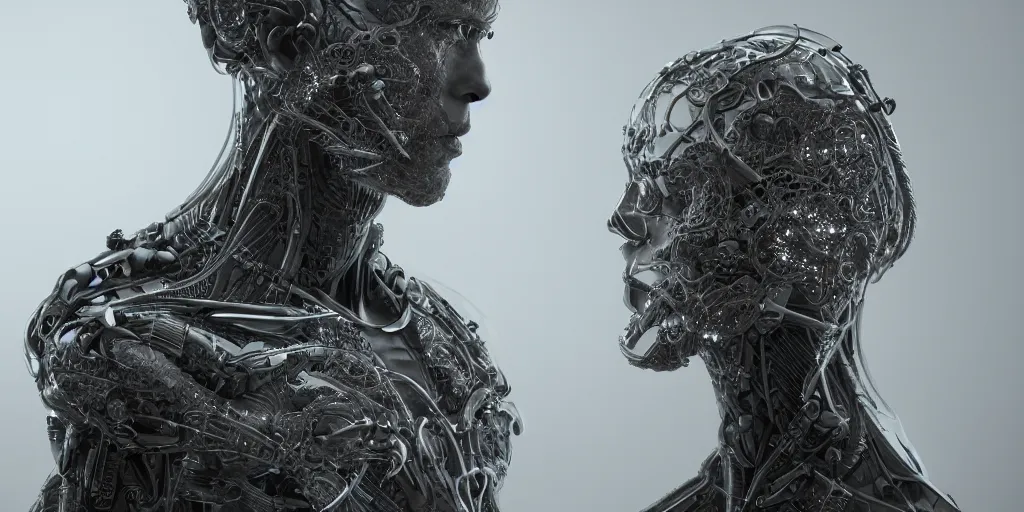 Prompt: hyper realistic photography of a stunningly beautiful cyborg male, intimately holding close, in the style of beth cavener, jin kagetsu, and wlop, highly detailed, intricate filigree, symmetry, masterpiece, award winning, sharp focus, concept art, highkey lighting, ambient lighting, octane render, 8 k, artstation