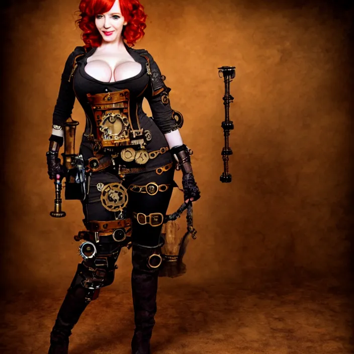 Prompt: full body photograph of christina hendricks as a steampunk warrior, Extremely detailed. 8k