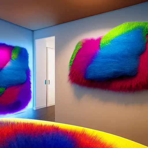 Prompt: : colorful abstract fuzzy sculpture art on the wall in modern architecture studio high luxury, cinematic lighting, hyper - realistic, detailed, render by c 4 d octane, unreal engine, 8 k 3 d render