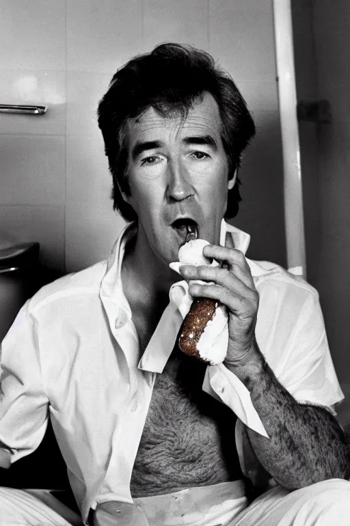 Prompt: randy mantooth in white underpants, eating a chocolate twinkie, sitting on a dirty toilet