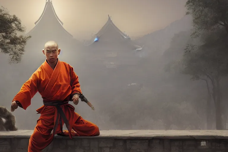 Image similar to a monkey dressed as a shaolin monk, standing in front of an ancient chinese palace, cinematic, dramatic lighting, digital art, artstation, greg rutkowski