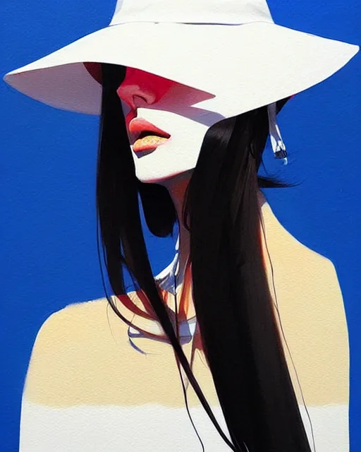 Prompt: a ultradetailed beautiful painting of a stylish woman wearing a white bucket hat, by conrad roset, greg rutkowski and makoto shinkai trending on artstation