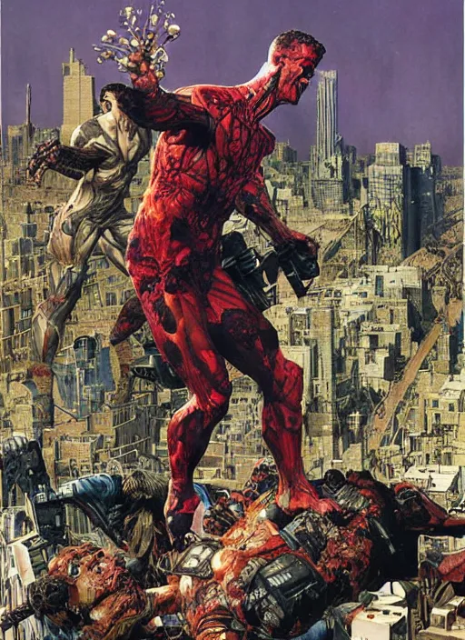 Image similar to josh brolin as mutated superhero battle carnage, city, by lawrence alma tadema and zdzislaw beksinski and norman rockwell and jack kirby and tom lovell and greg staples