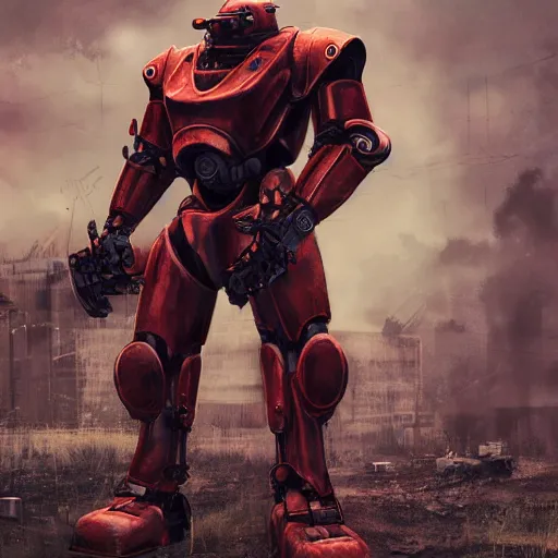 Image similar to photorealistic anthropomorphic red cat, wearing black huge cyber robot gigachad exoskeleton big power armor without helmet, holding huge laser sniper rifle, post apocalyptic cinematic photorealistic background, still, standing on graveyard