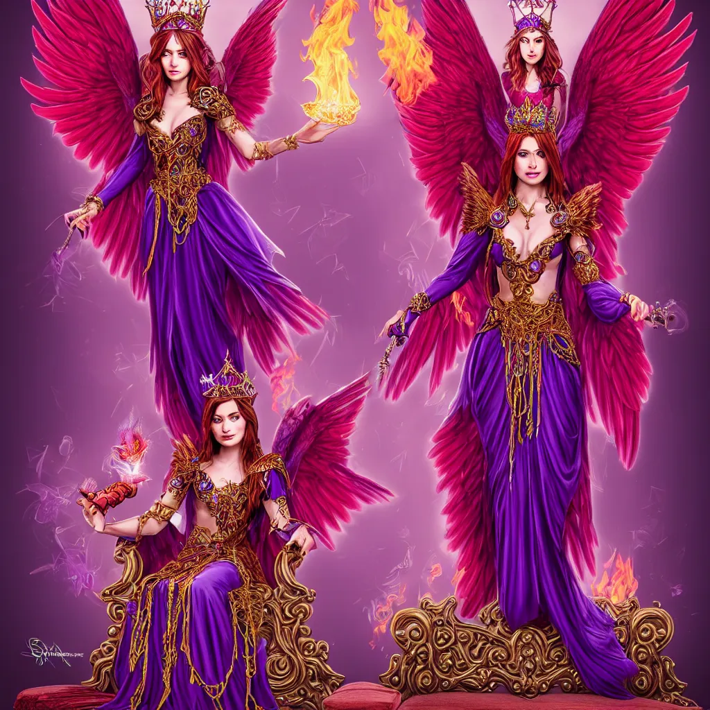 Image similar to Princess sorceress with red flaming bird wings on her back and sitting on an ornate throne dressed in a fancy purple dress, beautiful realistic face, Fantasy, Full Portrait, High detail, realistic, planeswalker