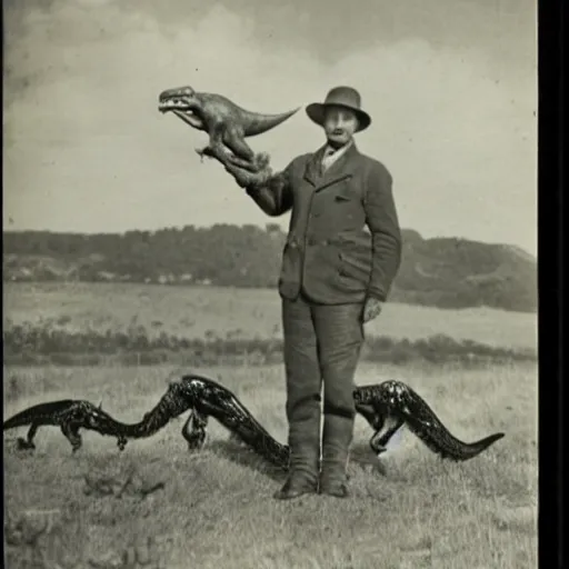 Prompt: a photo from the 1930\'s of hunters showing off their catch, a velociraptor.