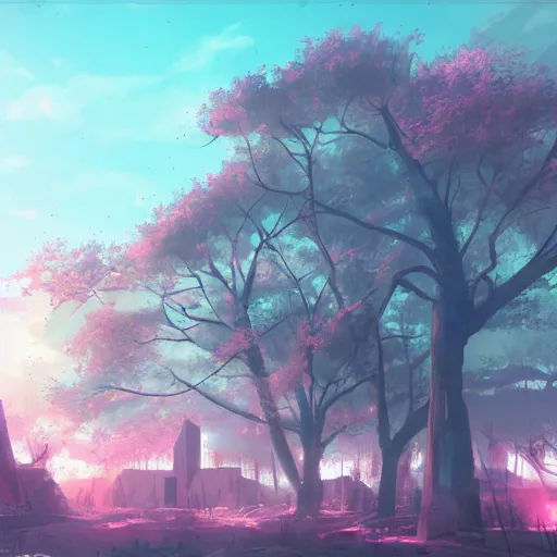 Prompt: apocalyptic ruins. pink tree growing. Atmospheric lighting, gloomy, everything is dead, post apocalyptic. Makoto Shinkai, anime, trending on ArtStation, digital art.