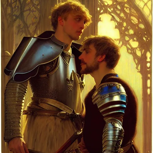 Image similar to attractive arthur pendragon and his attractive male knight, they are in love, natural lighting, path traced, highly detailed, high quality, digital painting, by gaston bussiere, craig mullins, alphonse mucha j. c. leyendecker