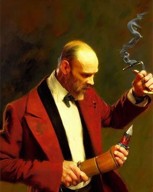 Prompt: handsome gaunt man with receding hair, in a smoking jacket, holding a pipe, warm colors, hard angles, painting by gaston bussiere, craig mullins, j. c. leyendecker