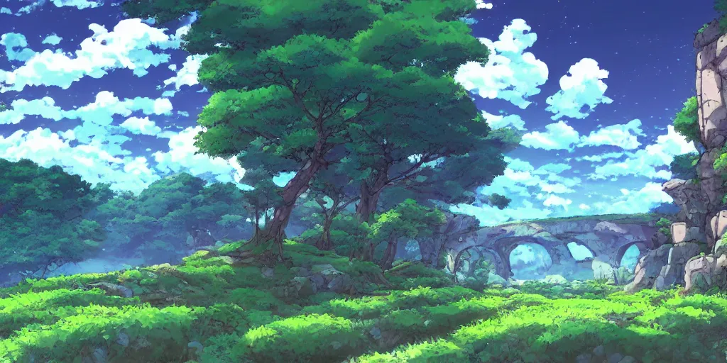 Image similar to beautiful landscape, grime!!!!! art style, anime art style, studio ghibli, 4 k, 8 k