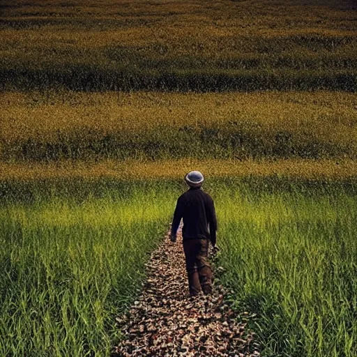 Image similar to “8k photograph man walking through field of mushrooms. National Geographic.”