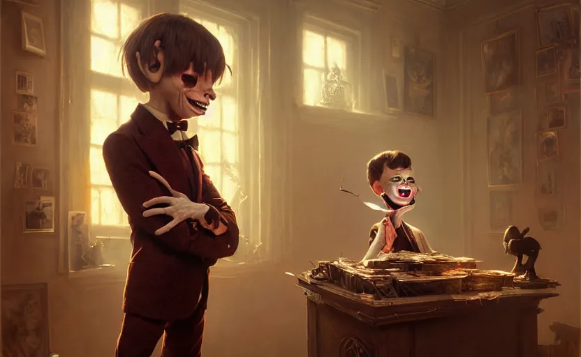 Image similar to highly detailed portrait of a ventriloquist dummy, in dead silence, stephen bliss, unreal engine, fantasy art by greg rutkowski, loish, rhads, ferdinand knab, makoto shinkai and lois van baarle, ilya kuvshinov, rossdraws, tom bagshaw, global illumination, radiant light, detailed and intricate environment