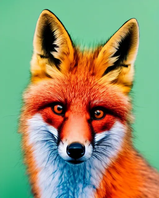 Image similar to rainbow colored fox, portrait, blue background, 8 k, 8 5 mm f 1. 8