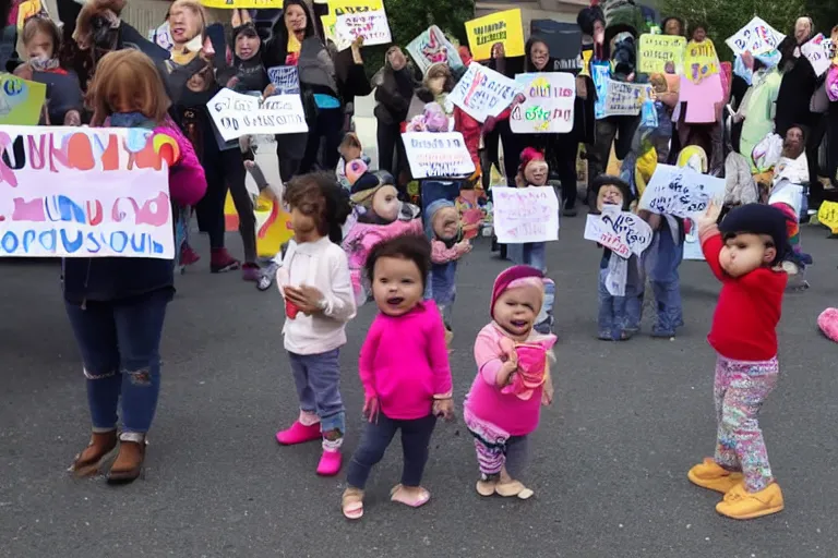 Image similar to babies protesting in front of a daycare center