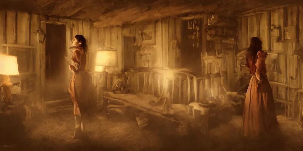 Prompt: oil painting of Mila Jovovich in the old west inside a cabin on the prairie, volumetric lighting, cinematic