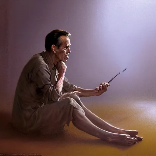 Image similar to a highly detailed epic cinematic concept art CG render digital painting artwork costume design: Henry Fonda as a 1950s tired disillusioned poet, barefoot, smoking a cigarette. volumetric lighting. By Greg Rutkowski, in the style of Francis Bacon and Syd Mead and Norman Rockwell and Beksinski, open ceiling, highly detailed, painted by Francis Bacon and Edward Hopper, painted by James Gilleard, surrealism, airbrush, Ilya Kuvshinov, WLOP, Stanley Artgerm, very coherent, triadic color scheme, realistic facial expression, art by Takato Yamamoto and James Jean