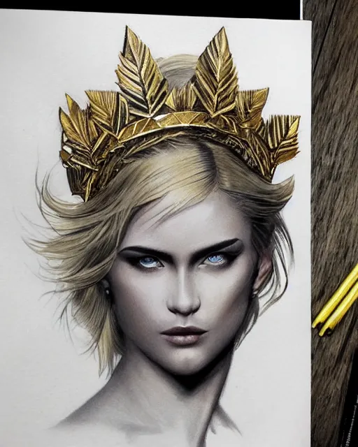 Image similar to tattoo design sketch of hot blonde super model as aphrodite greek goddess wearing a gold laurel wreath and triangle earrings, beautiful piercing gaze with sharp pupils, in the style of greg rutkowski, fantasy, amazing detail, epic, elegant, smooth, sharp focus, front view