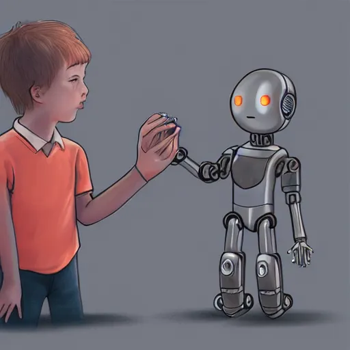 Prompt: A boy holding hands with a female robot, trending on art station science fiction