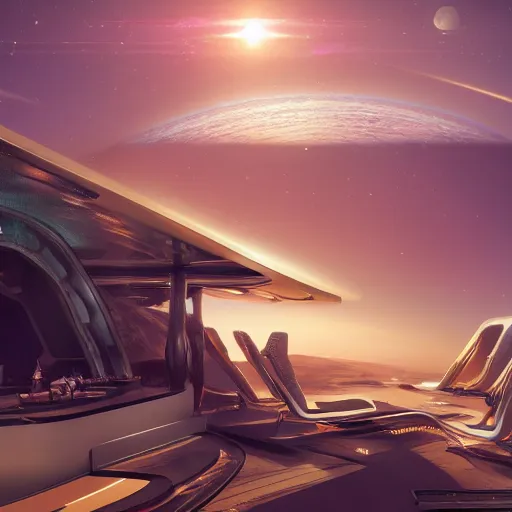 Prompt: luxury vacation ad from the future for interplanetary travel, artstation, cgsociety