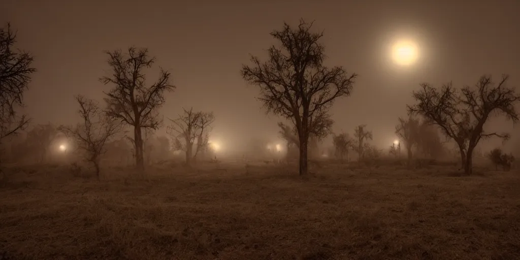 Image similar to a Voodoo ghost town, creepy lighting, little fog, moonlight, 8k