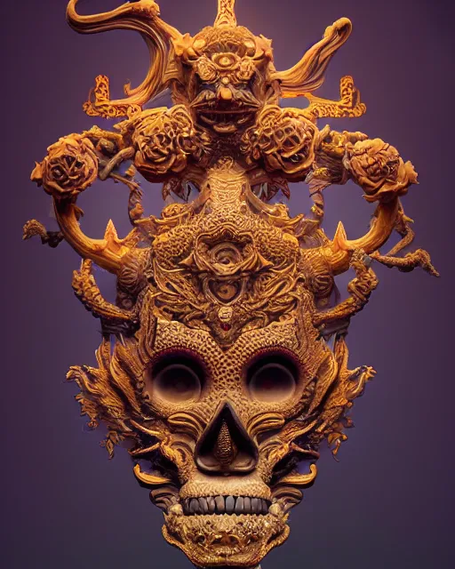 Image similar to 3 d ornate carved goddess with tattoos profile portrait, sigma 5 0 0 mm f / 5. beautiful intricate highly detailed quetzalcoatl skull. bioluminescent, plasma, lava, ice, water, wind, creature, thunderstorm! artwork by tooth wu and wlop and beeple and greg rutkowski, 8 k trending on artstation