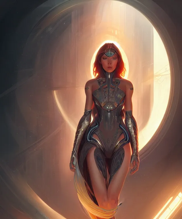 Image similar to futuristic woman portrait, sci-fi, amber eyes, face, long hair, fantasy, intricate, elegant, highly detailed, digital painting, artstation, concept art, smooth, sharp focus, illustration, art by artgerm and greg rutkowski and alphonse mucha