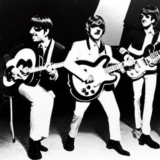 Image similar to Mario Bros playing the guitar with the Beatles Band