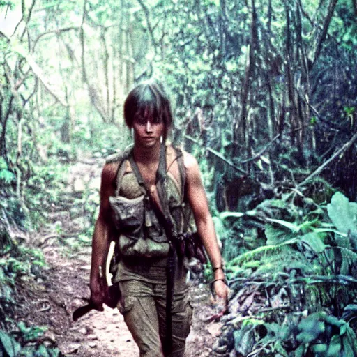 Image similar to film still, portrait, emma watson soldier hiking through dense vietnam jungle, award winning, award winning, award winning, film still from apocalypse now ( 1 9 7 9 ), 2 6 mm, kodak ektachrome, blue tint ektachrome film,