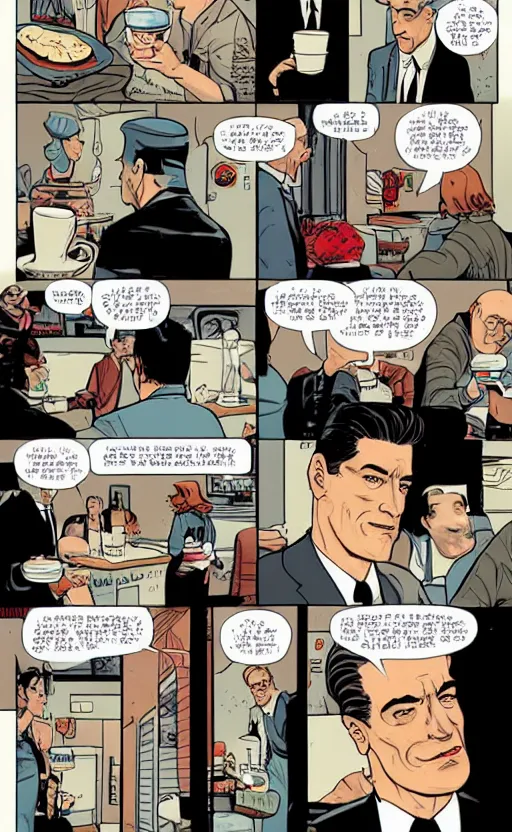 Image similar to Twin Peaks comic page of Dale Cooper feeling love and comfort with coffee & pie in the RR Diner by Tomer Hanuka