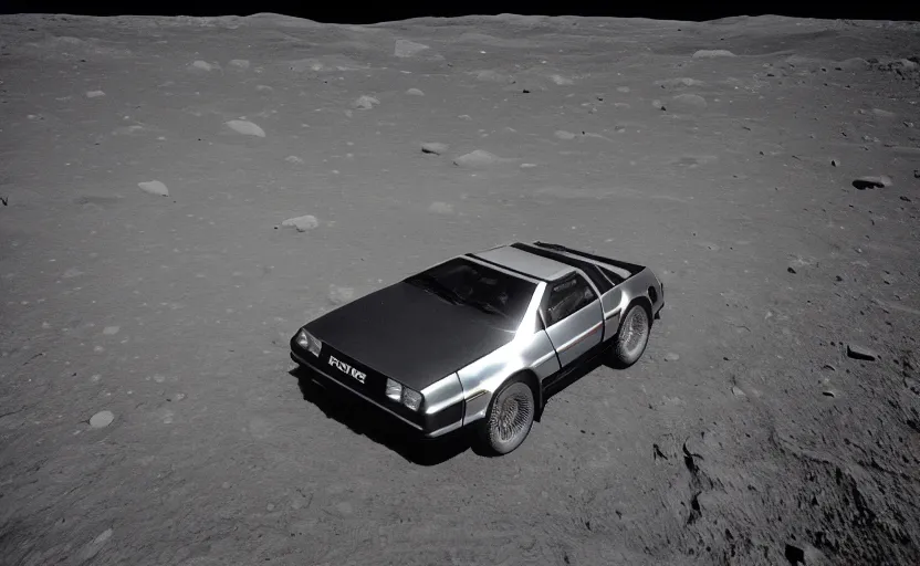 Image similar to a delorean on the moon taken from a super 8 camera, retro, album cover, 8 0 s