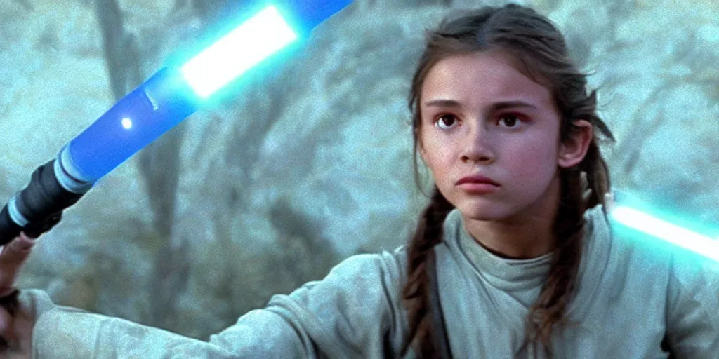 Image similar to a full color still of a teen brunette Jedi padawan holding a lightsaber hilt during a sci-fi battle, cinematic lighting, 1999, directed by Steven Spielberg, 35mm