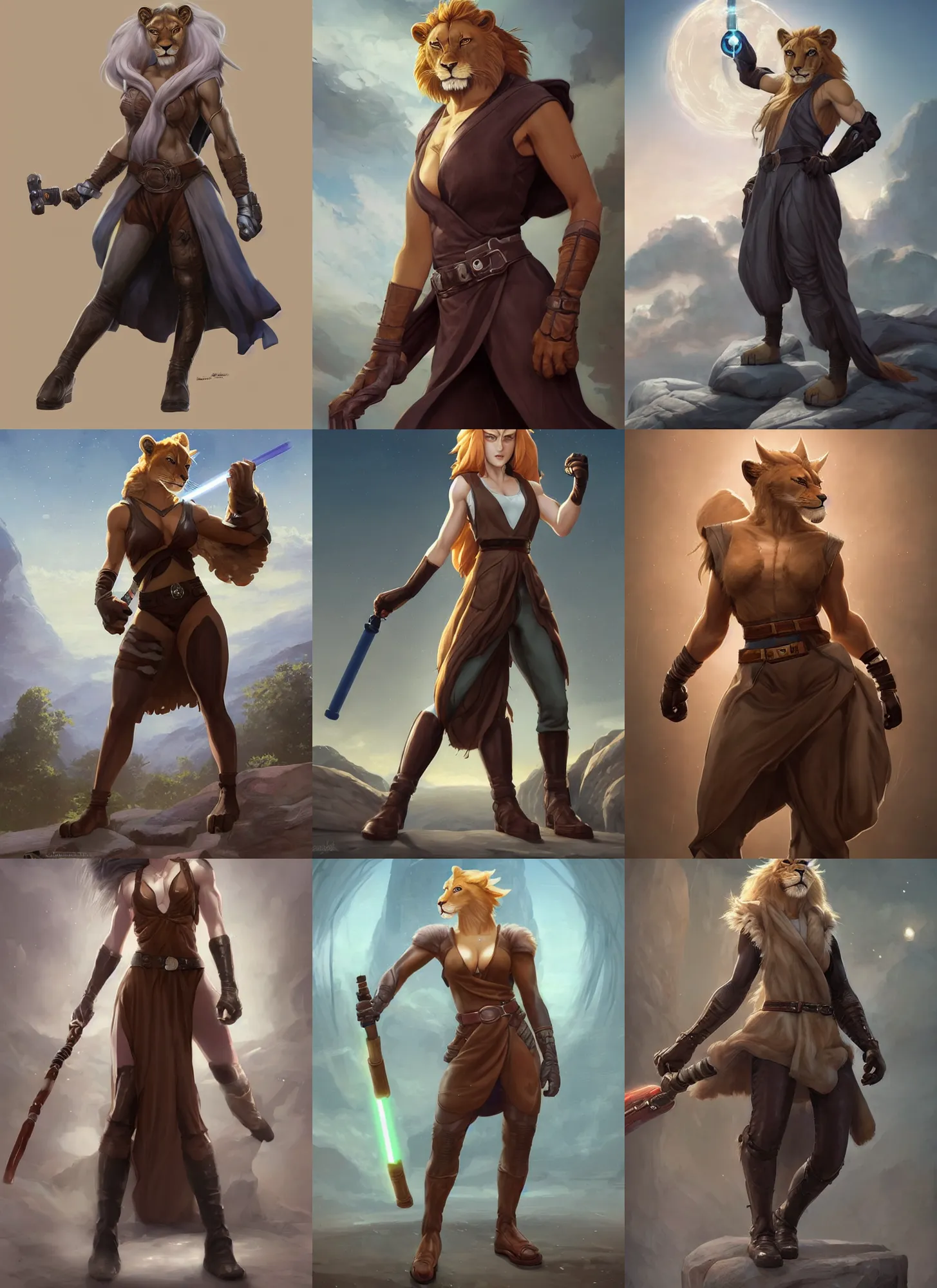 Prompt: beautiful portrait of a strong female anthropomorphic lioness fursona with muscles wearing a sleeveless jedi robe. hand on hip. leather gloves. leather boots. leather belt. character design by charlie bowater, ross tran, artgerm, and makoto shinkai, detailed, soft lighting, rendered in octane