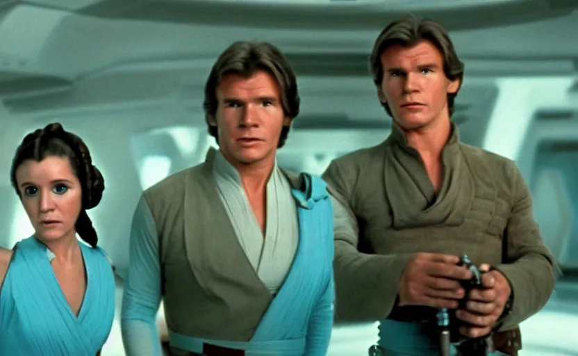 Image similar to screenshot portrait of Princess Leia and Han Solo in a teal, round Temple scene from 1980s film by Stanley Kubrick, 4k serene, iconic shot, surreal sci fi set design, photoreal portrait Carrie fischer and Harrison Ford, detailed face, moody lighting stunning cinematography, hyper detailed, sharp, anamorphic lenses, kodak color film